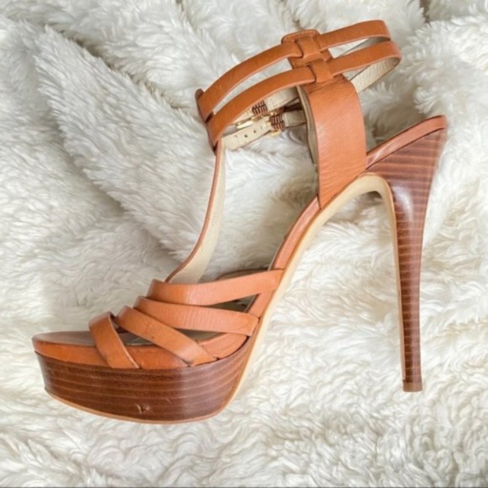 Michael Kors Tan Leather Platform Heels Strappy Sandals Size 10 - Picture 7 of 16